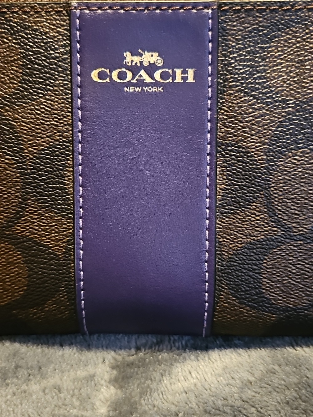Coach Brown Signature Wristlet with Purple Leather Strip - Picture 1 of 15